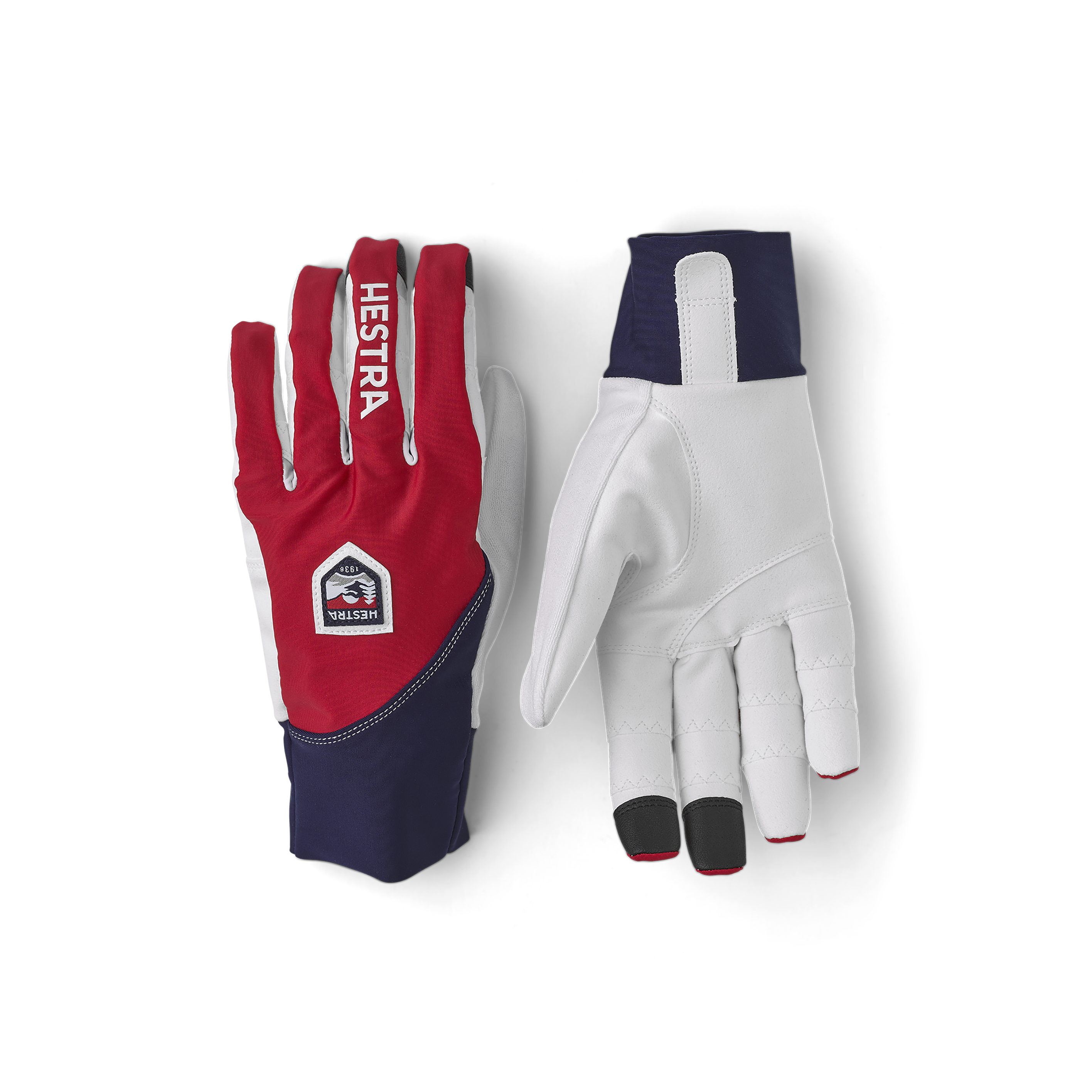 Red and blue cycling glove with lycra back and white synthetic suede palm