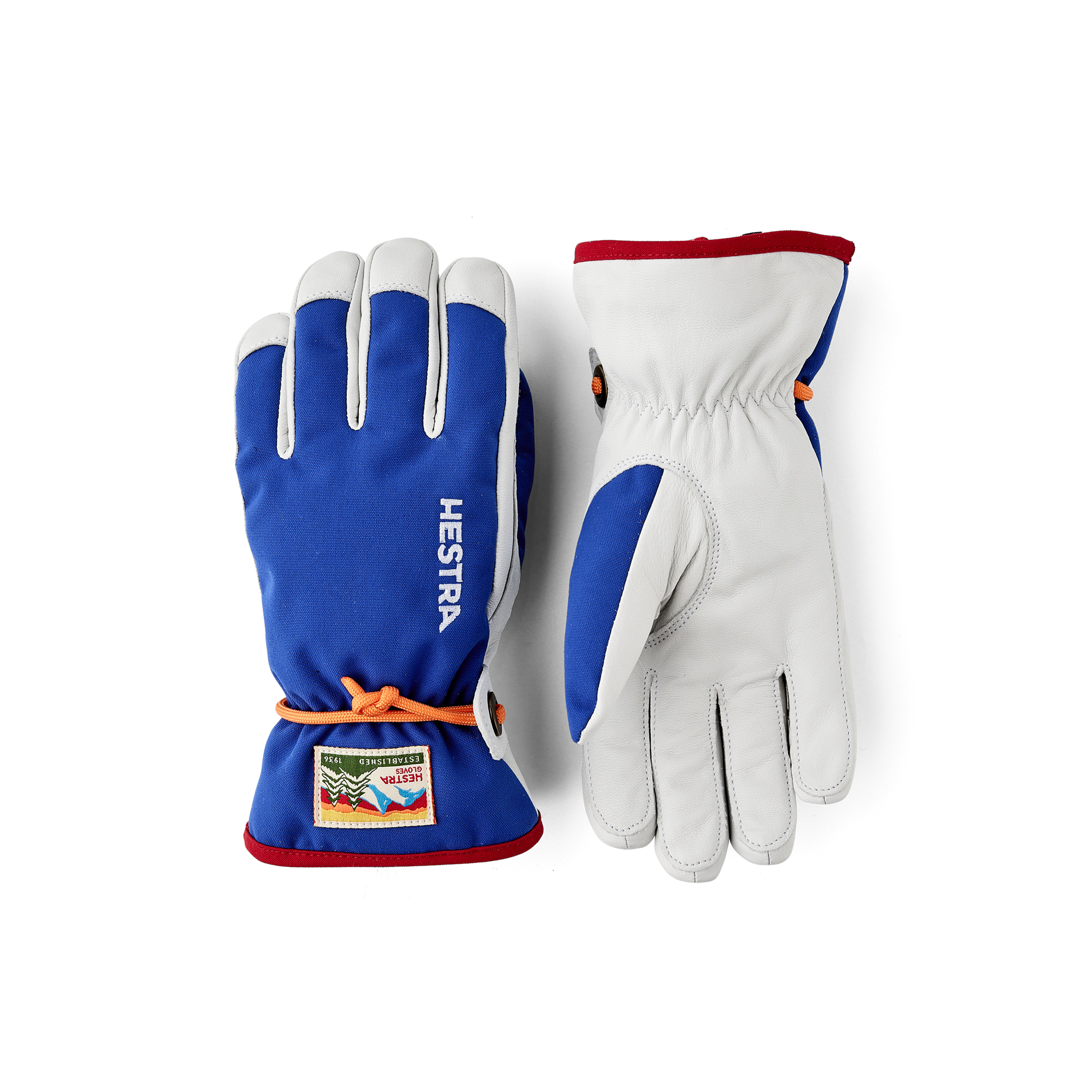 Royal blue children’s glove with white goat leather palm and wrist strap