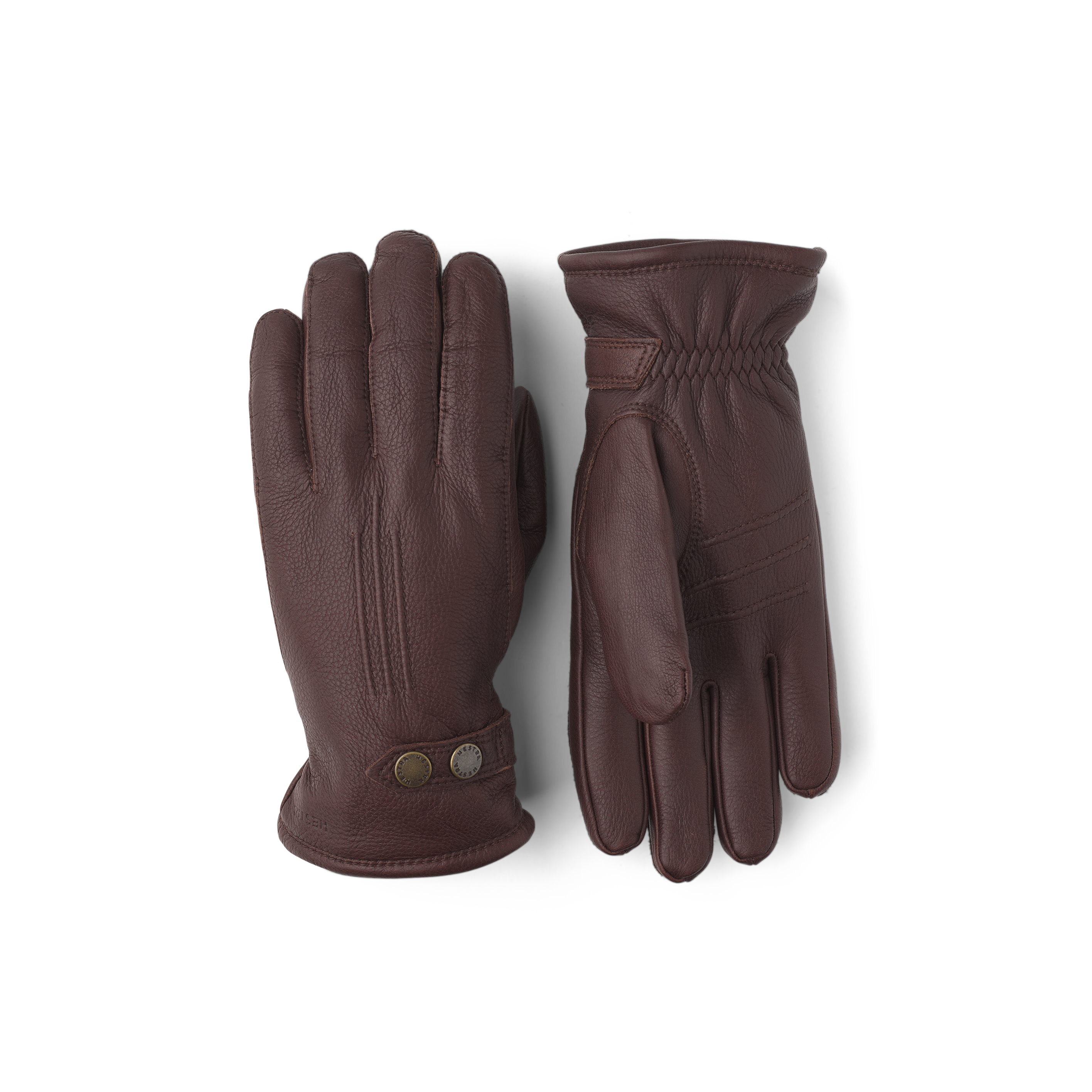 Dark brown machine-sewn elk leather glove with leather strap and button