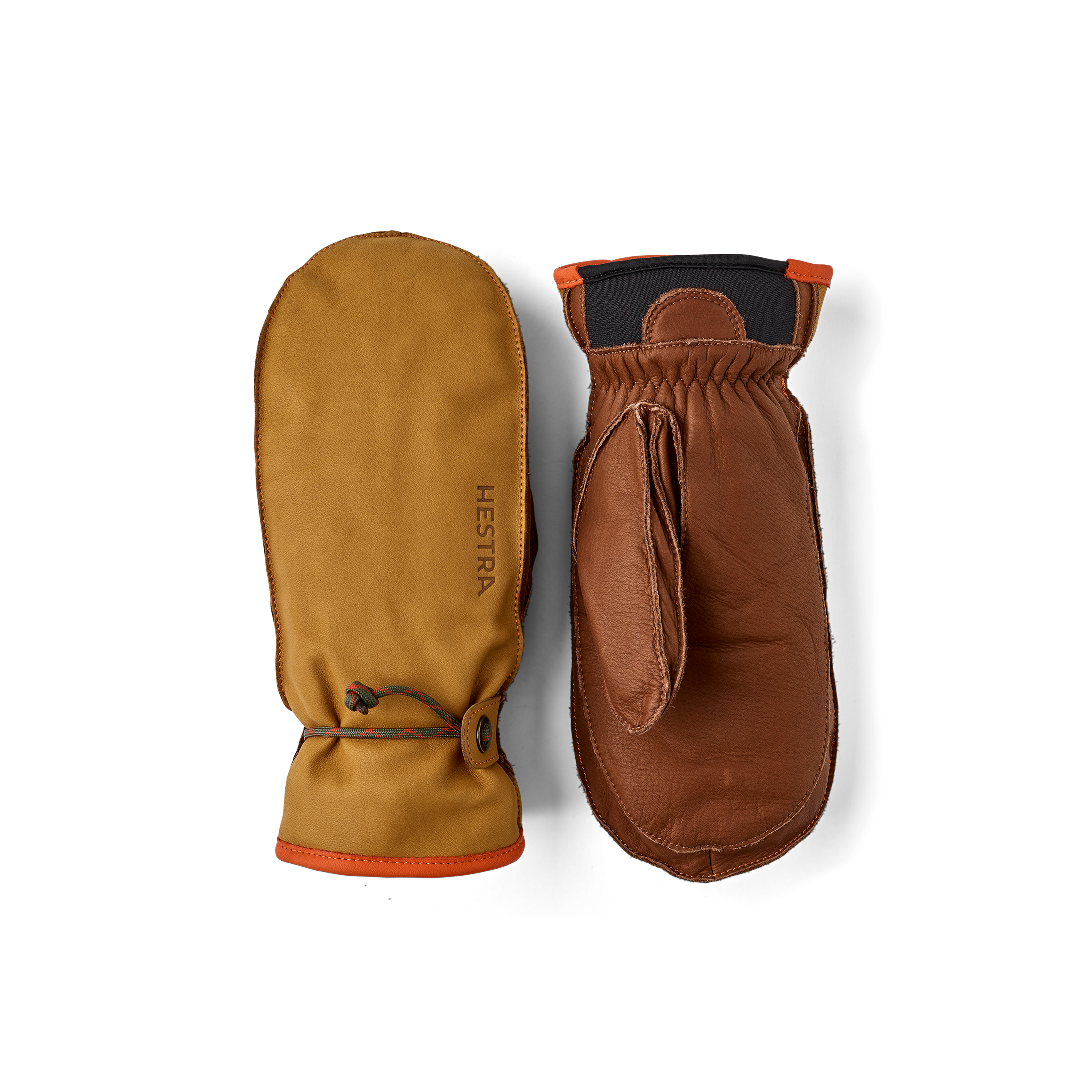 Light brown cow hide mitten with brown palm and wrist adjustment