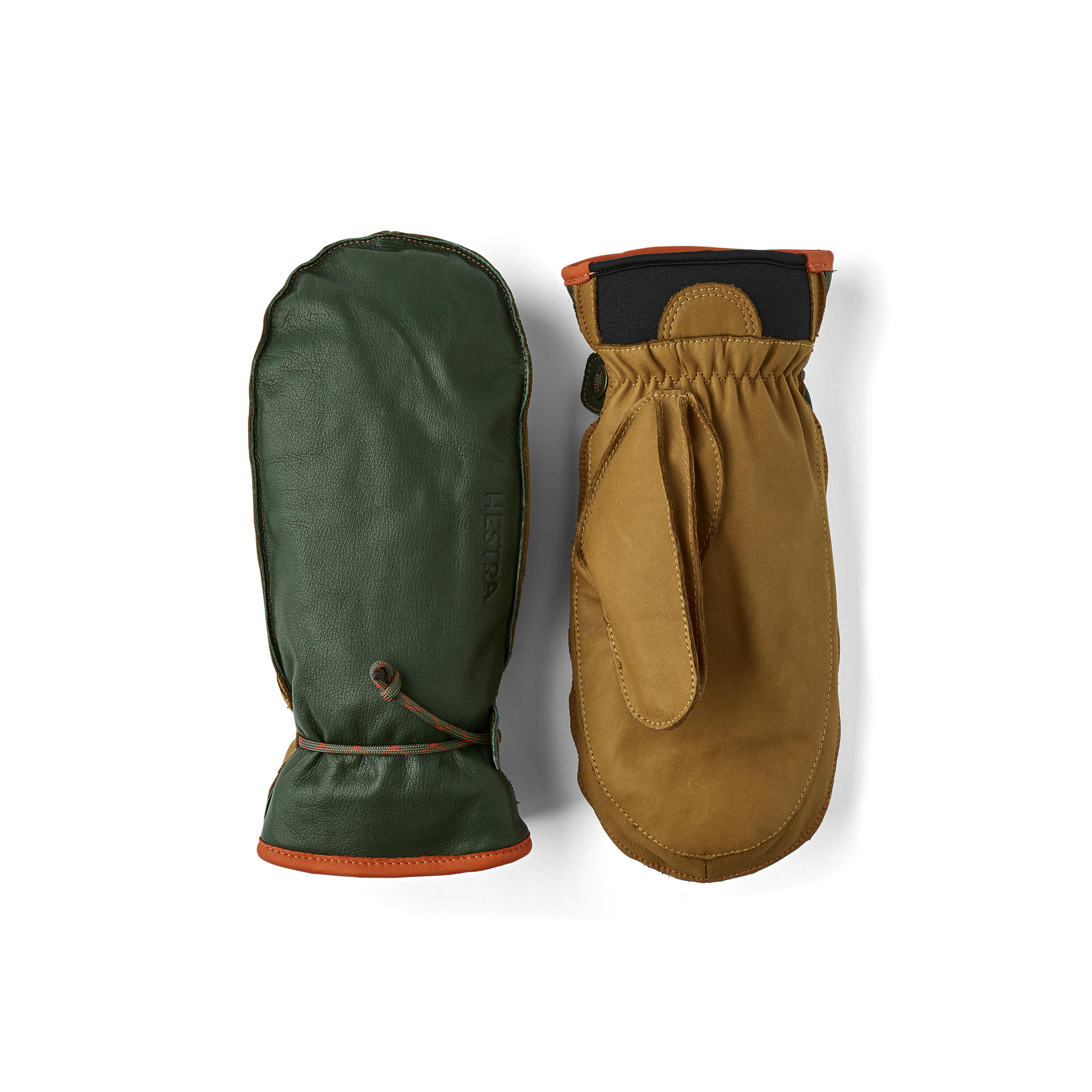 Dark green cow hide mitten with light brown palm and wrist adjustment