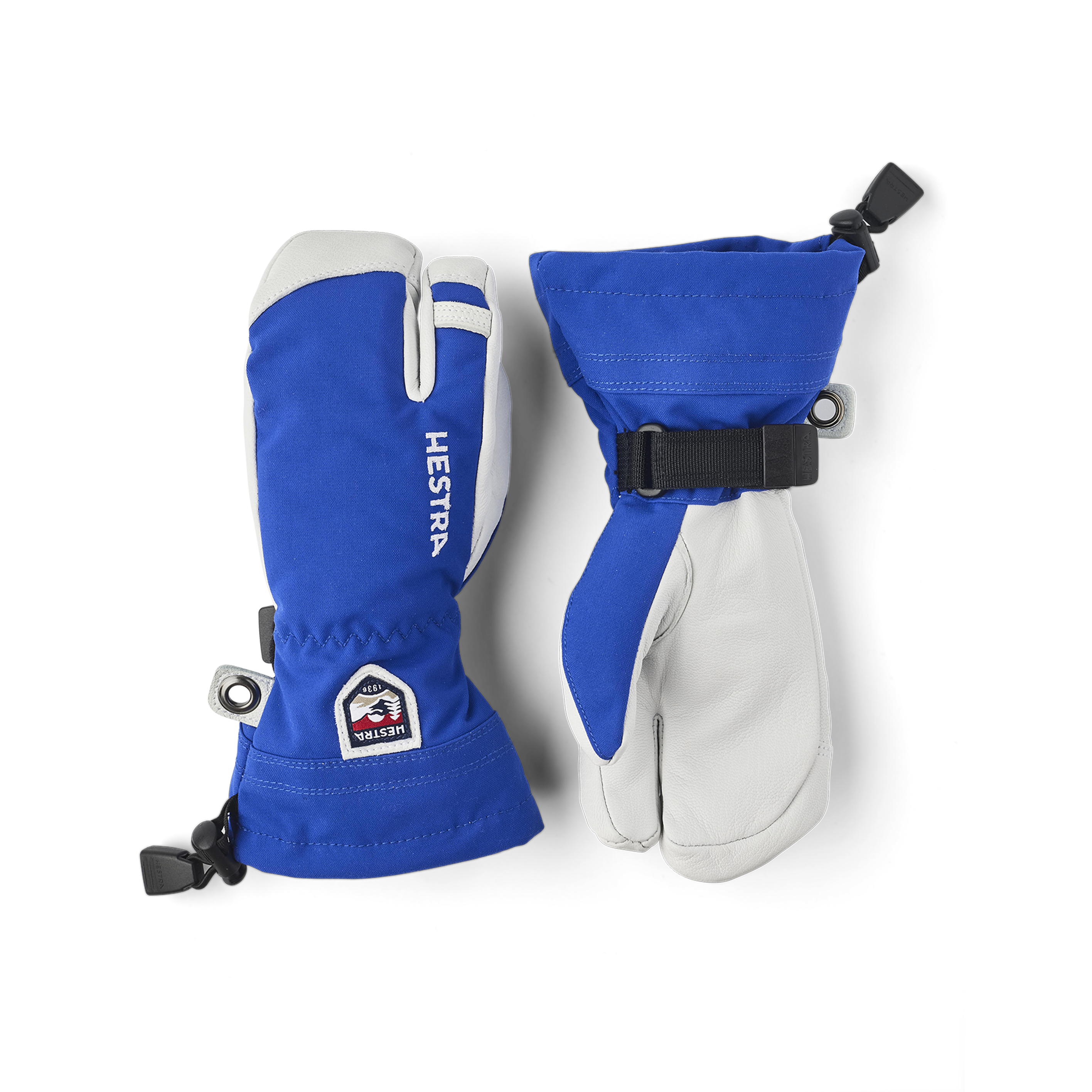 Blue three finger glove with white goat leather palm